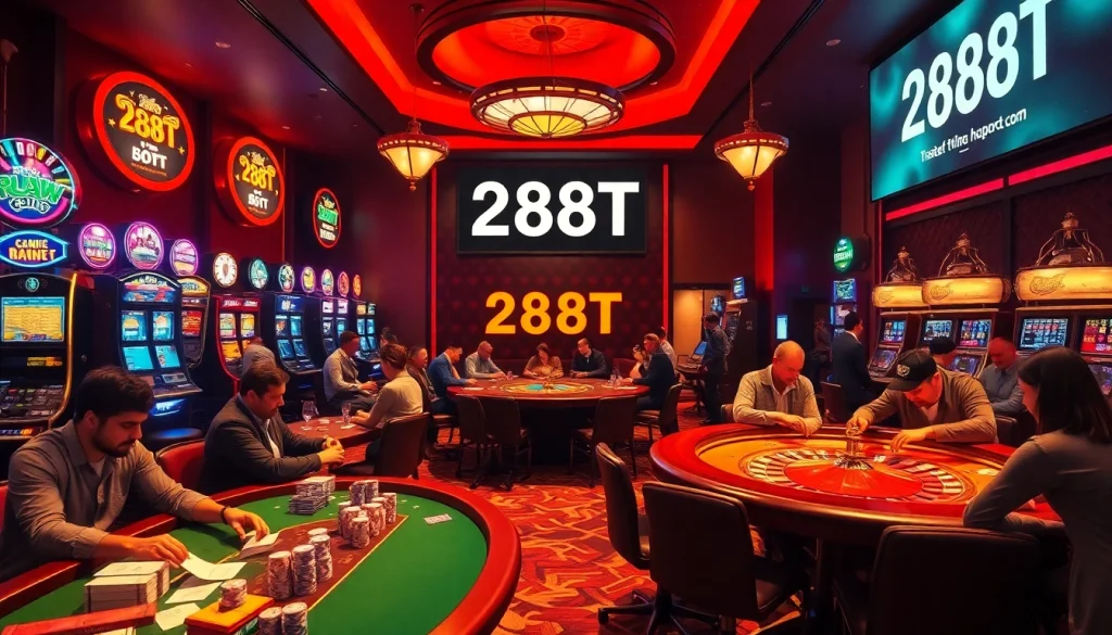 Experience the thrill of betting at 288T casino with players strategizing over poker chips and bright slot machines.