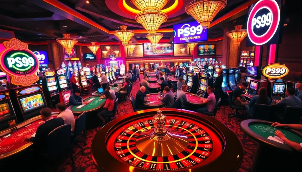 Experience the thrill of PS99 with vibrant casino games, including poker and slots, showcasing a lively betting atmosphere.