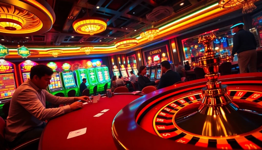 Experience the thrill of gambling at SUNWIN 88 with players focused on high-stakes poker cards and vibrant slot machines.