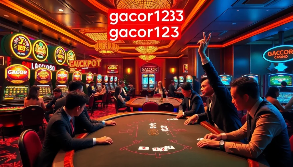 The thrilling casino scene featuring players at a high-stakes poker table, with the neon 'gacor123' indicator shining above, captures the excitement of gambling.