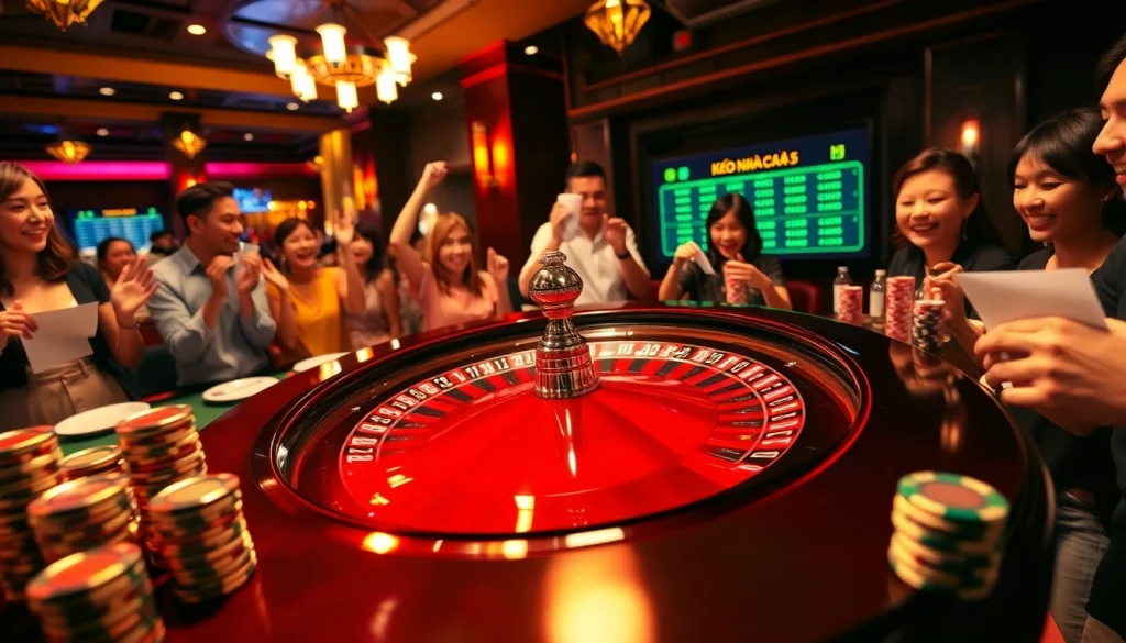 Feel the thrill of Kèo Nhà Cái 5 as players celebrate a winning bet at the roulette table.