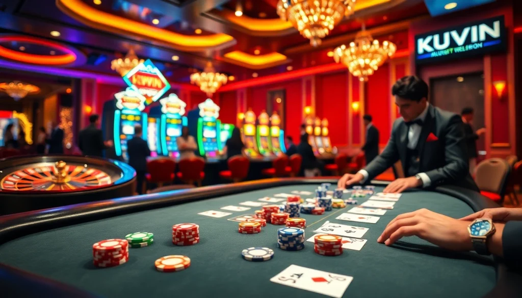 Experience the thrill at KUWIN's stunning poker table, featuring colorful chips and ecstatic players.