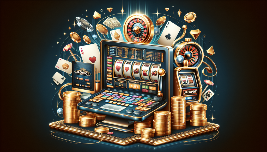 Illustration of the King33 casino interface with chips, cards, and a slot machine